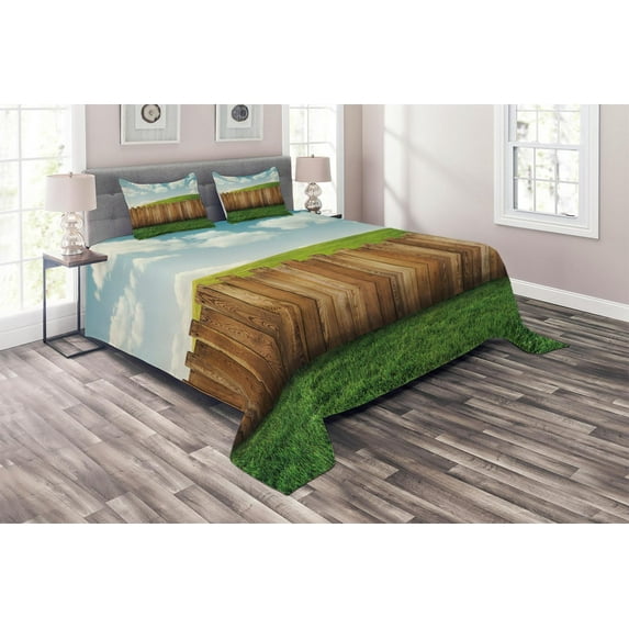 Ambesonne Wooden Quilted Coverlet 3 Pcs, Cloudy Sky Above Garden, Queen Size, Green Brown