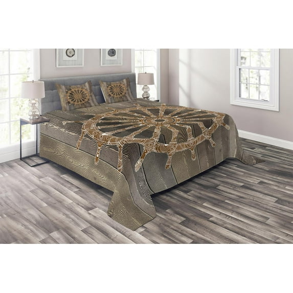 Ambesonne Wooden Quilted Coverlet 3 Pcs, Nautical Ship Sea Wheel, Queen Size, Umber Brown