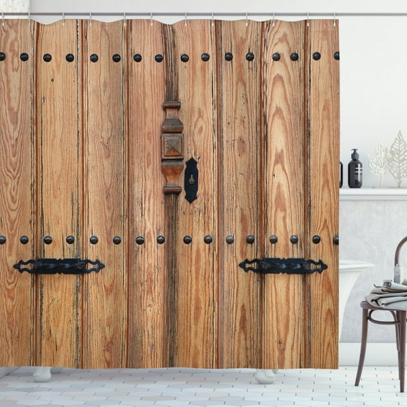 Ambesonne Wooden Shower Curtain, Door Rusty Weathered Details, 69"Wx70"L, Pale Brown