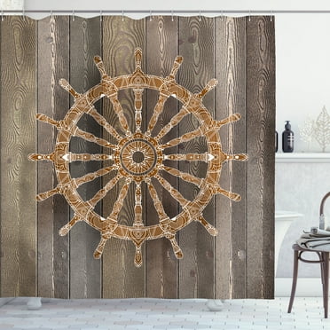 Ambesonne Wooden Shower Curtain, Nautical Ship Sea Wheel, 69"Wx70"L, Umber Brown