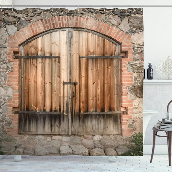 Ambesonne Wooden Shower Curtain, Tuscany Stone House, 69"Wx84"L, Brown Grey