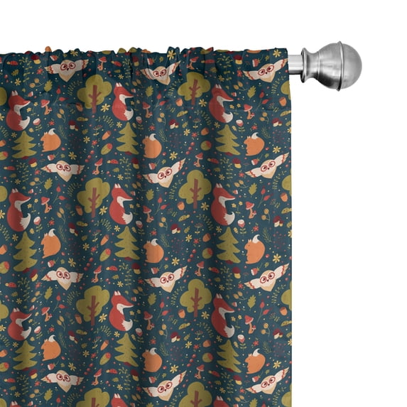 Ambesonne Woodland Window Curtains, Fox Squirrel Owl Acorn, Each 28" W x 63" L, Dark Teal Multicolor