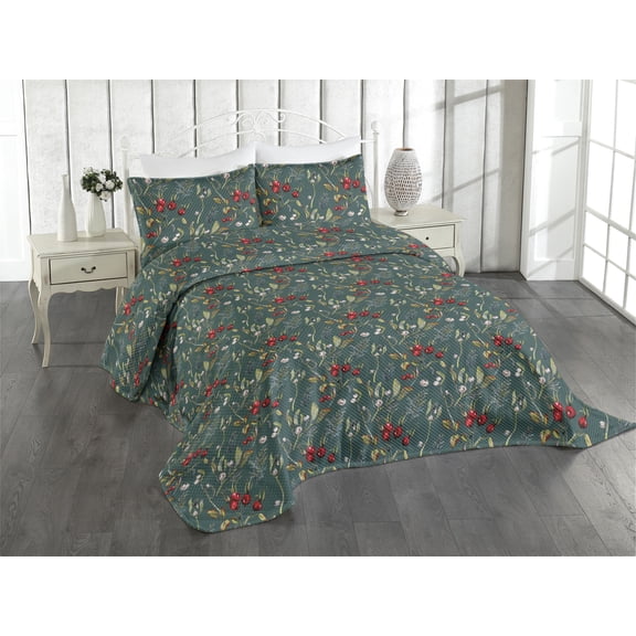 Ambesonne Woodland Boho Quilted Coverlet 2 Pcs, Wild Berries Pattern, Twin Size, Dark Coral and Teal
