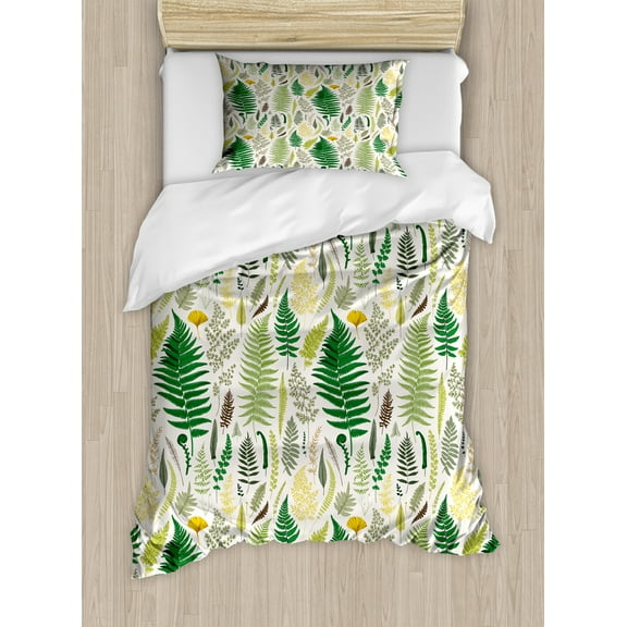 Ambesonne Woodland Duvet Cover Sets, Vintage Ferns Herbs Image, 2-Twin, Off White Multicolor