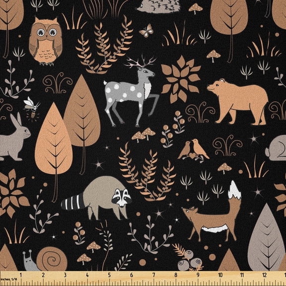 Ambesonne Woodland Fabric by the Yard Microfiber, Cartoon Forest, 1 Yard, Pale Brown Pale Grey