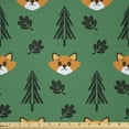 thumbnail image 1 of Ambesonne Woodland Fabric by the Yard Microfiber, Happy Foxes Leaves Trees, 3 Yards, Forest Green and Earth Yellow, 1 of 2