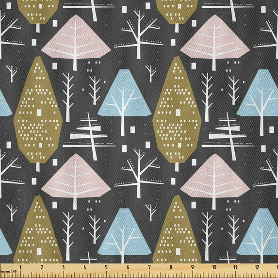Ambesonne Woodland Fabric by the Yard Microfiber, Repetitive Trees Pattern, 3 Yards, Dark Grey and Blush