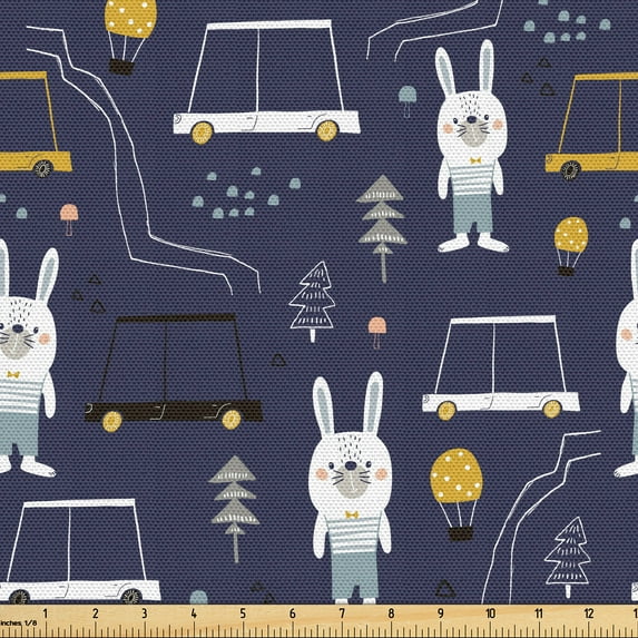 Ambesonne Woodland Fabric by the Yard Upholstery, Bunny Characters Cars Art, 5 Yards, Dark Indigo and Earth Yellow