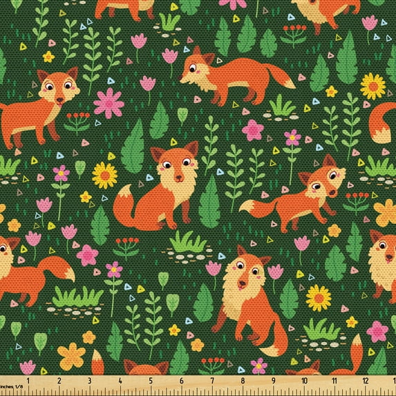 Ambesonne Woodland Fabric by the Yard Upholstery, Forest Animals and Herbs, 2 Yards, Emerald and Multicolor