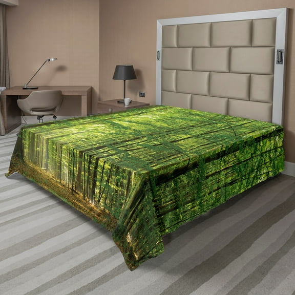 Ambesonne Woodland Flat Sheet, Foliage Forest Summer, Queen Size, Green