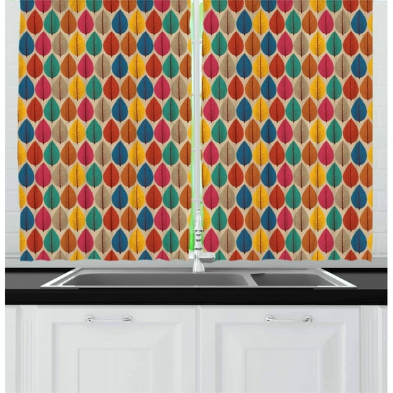 Ambesonne Woodland Kitchen Curtains, Fallen Leaves Colorful, 55"x39", Multicolor