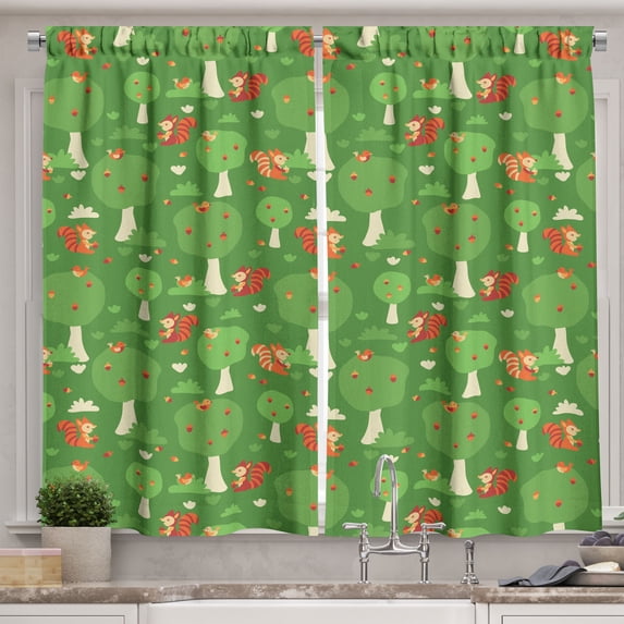 Ambesonne Woodland Kitchen Curtains, Squirrels Eating Nuts Art, 55"x45", Fern Green and Dark Salmon