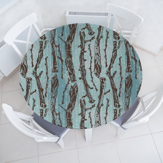 Ambesonne Woodland Pattern Fitted Round Tablecloth, Sketchy Branches, 40"- 44" Diameter, Cadet Blue Green Brown