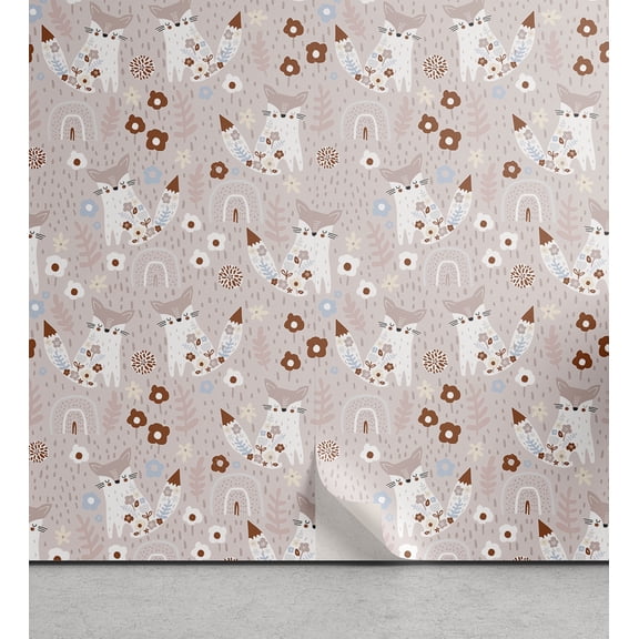 Ambesonne Woodland Peel & Stick Wallpaper for Home, Scandi Fox Pattern Wild, 13"x100", Pale Mauve Redwood Grey