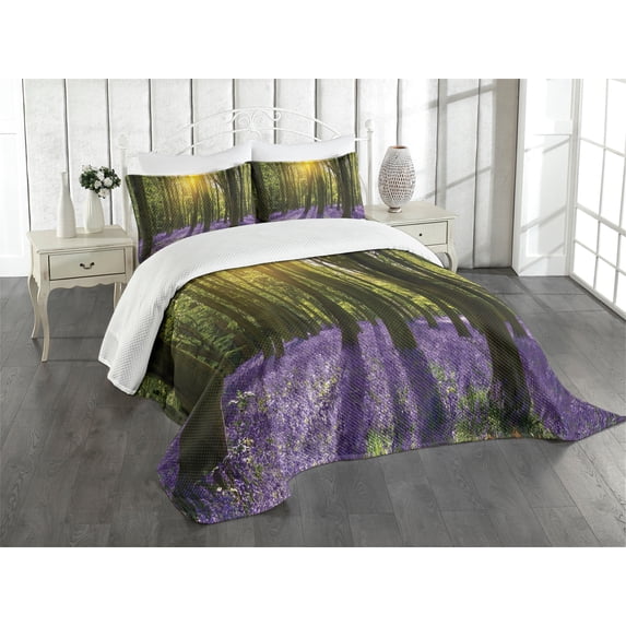 Ambesonne Woodland Quilted Bedspread Set 3 Pcs, Bluebell Blossoms, Queen Size, Violet Green Yellow