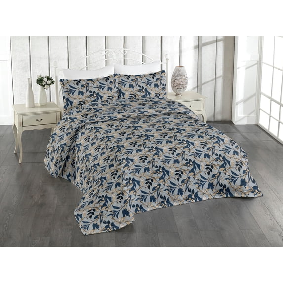 Ambesonne Woodland Quilted Bedspread Set 3 Pcs, Fall Season Branches Retro, King, Blue Grey and Pastel Brown