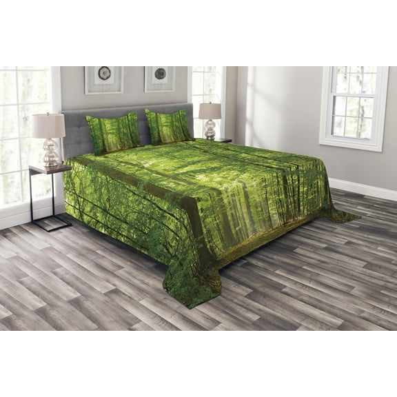 Ambesonne Woodland Quilted Bedspread Set 3 Pcs, Foliage Forest Summer, Queen Size, Green