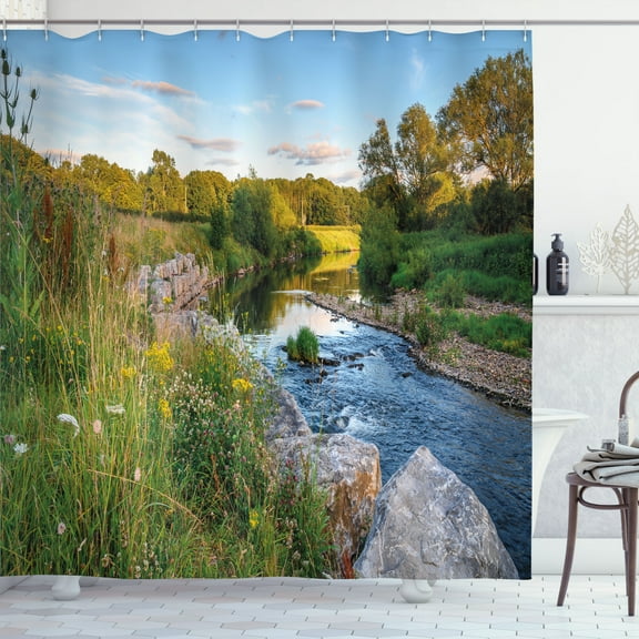 Ambesonne Woodland Shower Curtain, Riverbank Scenery Flowers, 69"Wx75"L, Sky Blue Olive Green