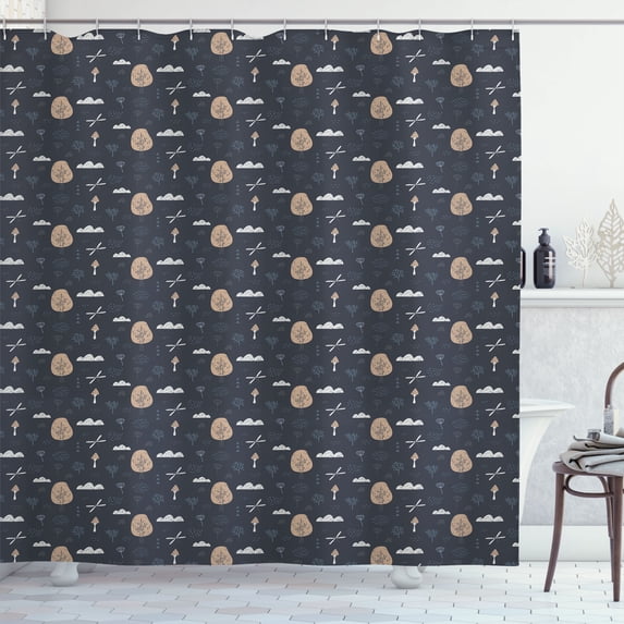 Ambesonne Woodland Shower Curtain, Trees Dragonflies Clouds, 69"Wx84"L, Almond Dark Grey White