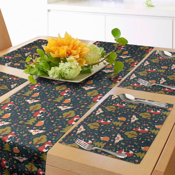 Ambesonne Woodland Table Runner & Placemats, Fox Squirrel Owl Acorn, Placemat 4 pcs + Runner 16"x90", Dark Teal Multicolor