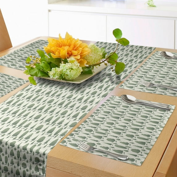 Ambesonne Woodland Table Runner & Placemats, Green Tones Forest Trees, Placemat 4 pcs + Runner 16"x90", Pale Reseda Green Ivory