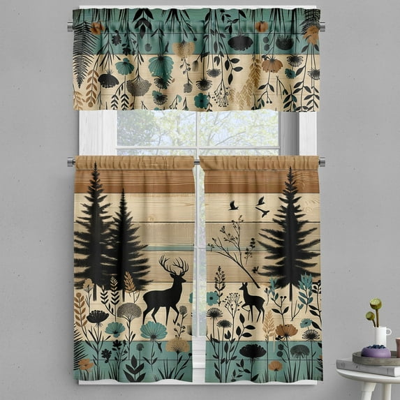 Ambesonne Woodland Valance & Curtain 3 Pcs Set, Farmhouse Floral Scenario, 55"x30", Dark Cadet Blue Beige Tan