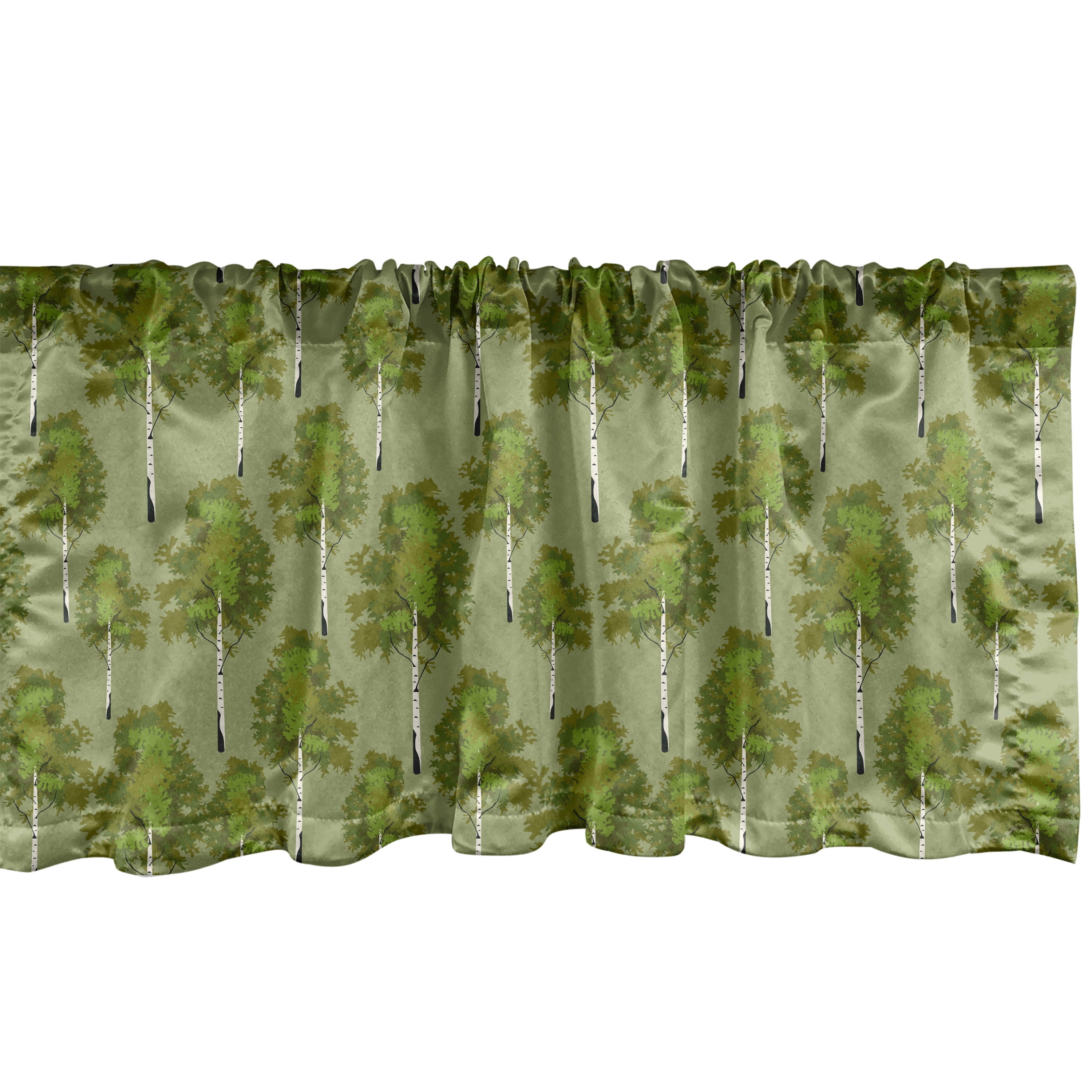 Olive Green Pale Green Forest Scene Satin Rod Pocket Valance