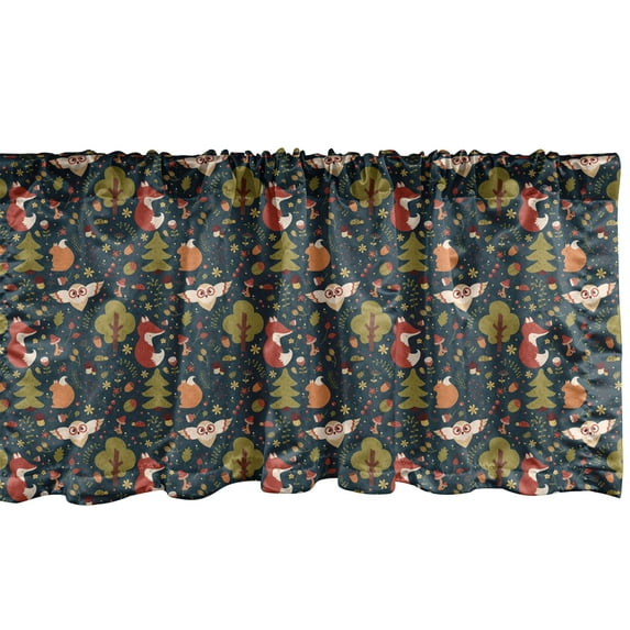 Ambesonne Woodland Window Valance, Fox Squirrel Owl Acorn, 42" x 12", Dark Teal Multicolor