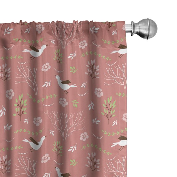 Ambesonne Woods Window Curtains, Birds Flying in Forest Nature, Each 28" W x 95" L, Coral White and Green