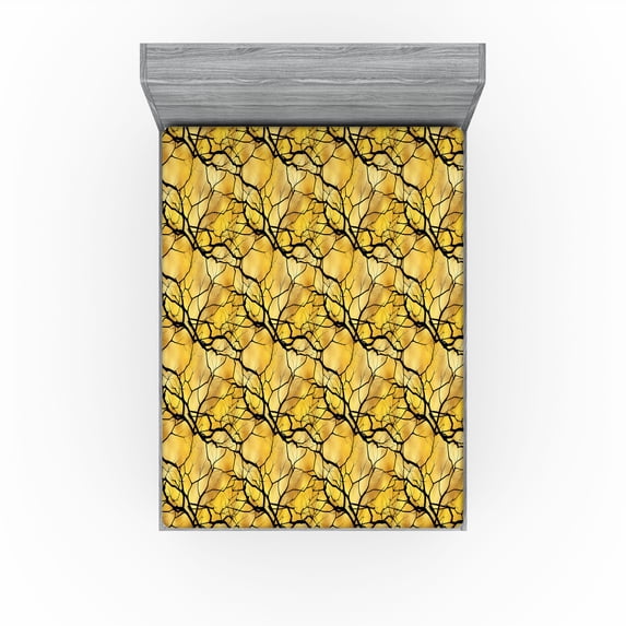 Ambesonne Woods Fitted Sheet, Leafless Branches Autumn Art, Full Size, Earth Yellow Black