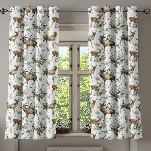 Ambesonne Woods Grommet Curtain, Antler Reindeer Floral Spring, 50"x63", Brown Laurel Green and White