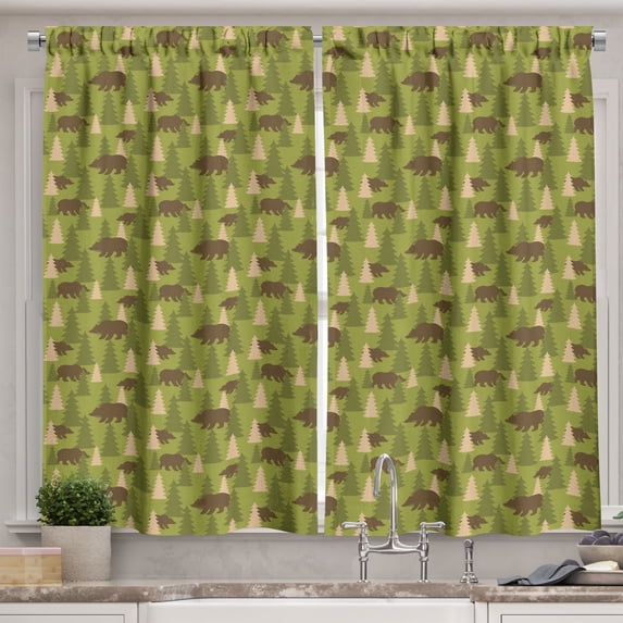 Ambesonne Woods Kitchen Curtains, Bear in Pine Tree Woodland, 55"x45", Olive Green Chocolate
