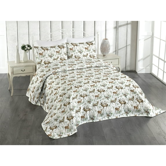 Ambesonne Woods Quilted Coverlet 3 Pcs, Antler Reindeer Floral Spring, King Size, Brown Laurel Green and White