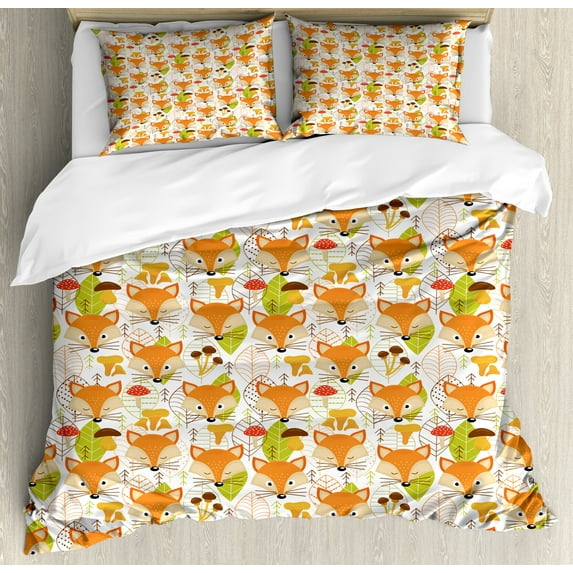 Ambesonne Woodsy Duvet Cover Sets, Front Portrait of Fox Leaves, 2-King, Marigold Apple Green