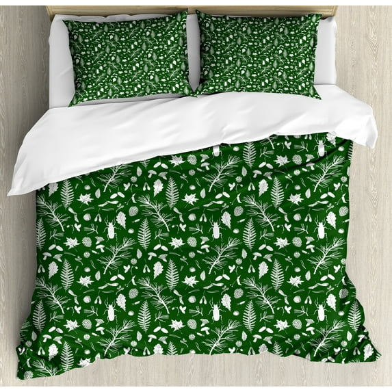 Ambesonne Woodsy Duvet Cover Sets, Leaves Twigs Beatles, 2-King, Dark Forest Green White