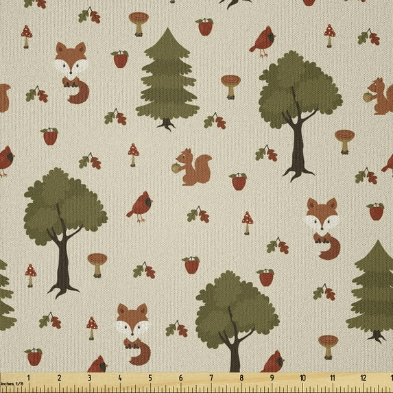 Ambesonne Woodsy Fabric by the Yard Microfiber, Woodland Animals in Nature, 3 Yards, Beige Fawn