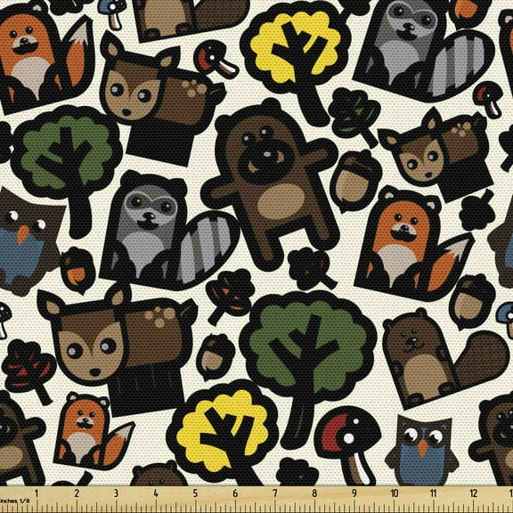 Ambesonne Woodsy Fabric by the Yard Upholstery, Funny Woodland Animal Shapes, 3 Yards, Multicolor