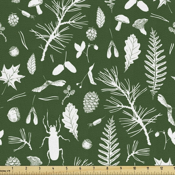 Ambesonne Woodsy Fabric by the Yard Upholstery, Leaves Twigs Beatles, 1 Yard, Dark Forest Green White