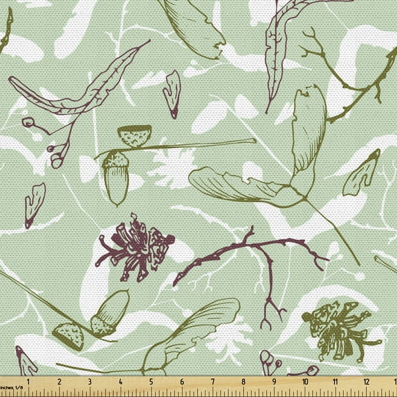 Ambesonne Woodsy Fabric by the Yard Upholstery, Twigs Acorns Pine Cone, 10 Yards, Almond Green Multicolor