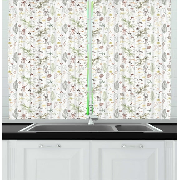 Ambesonne Woodsy Kitchen Curtains, Various Items Drawn by Hand, 55"x45", White Multicolor
