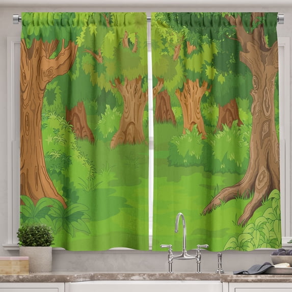 Ambesonne Woodsy Theme Kitchen Curtains, Forest with Trees Art, 55"x36", Lime Green Caramel