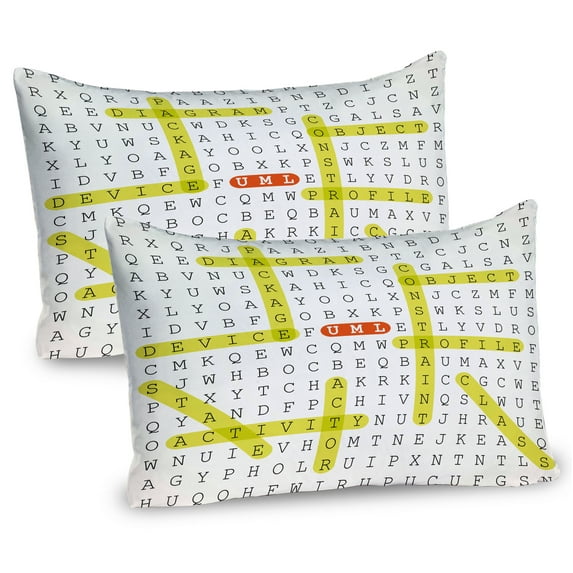 Ambesonne Word Search Game Pillow Sham 2 Pack, UML Keywords, 26"x20", Black Yellow Orange