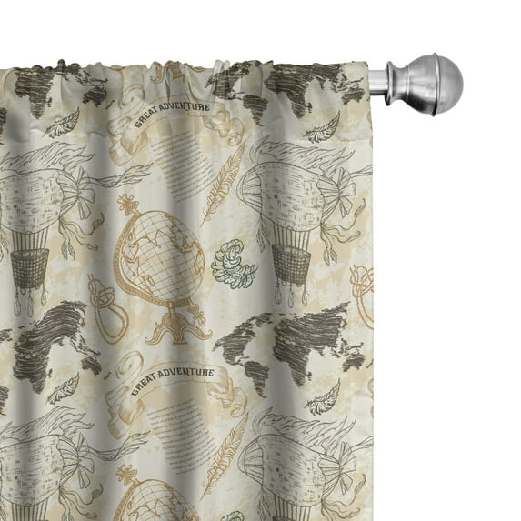 Ambesonne World Map Window Curtains, Vintage Globe, Each 28" W x 84" L, Beige Olive Green