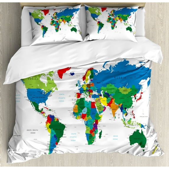 Ambesonne World Map Duvet Cover Set, Colorful Political, Queen, Multicolor