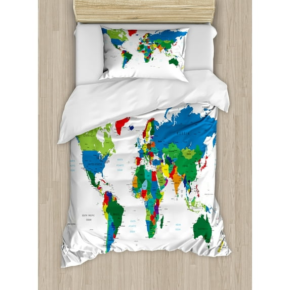 Ambesonne World Map Duvet Cover Set, Colorful Political, Twin, Multicolor