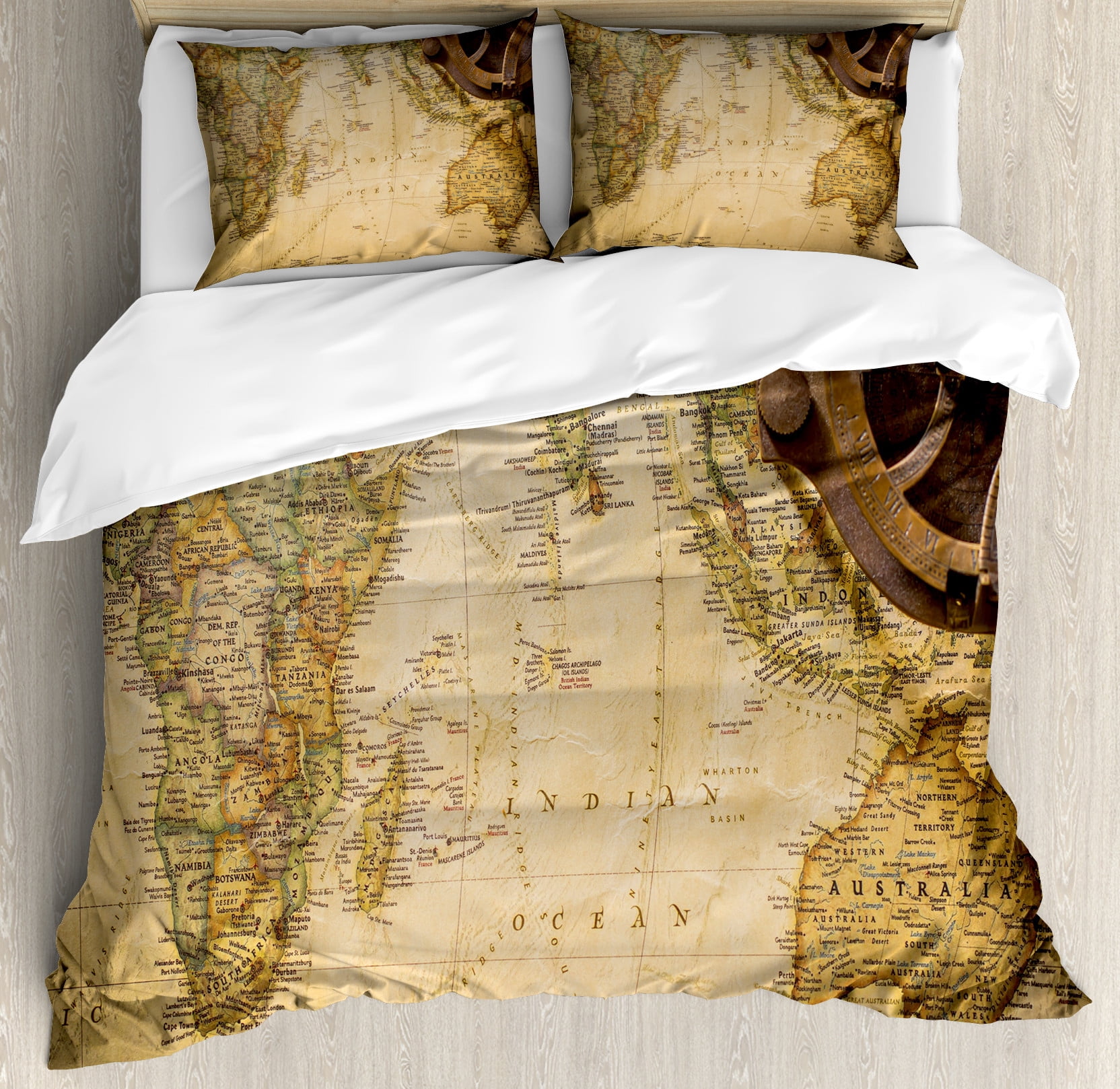 Ambesonne World Map Duvet Cover Set, Old Cartography Compass, Queen ...