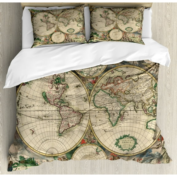 Ambesonne World Map Duvet Cover Sets, Antique Vintage Art, 2-Queen, Multicolor