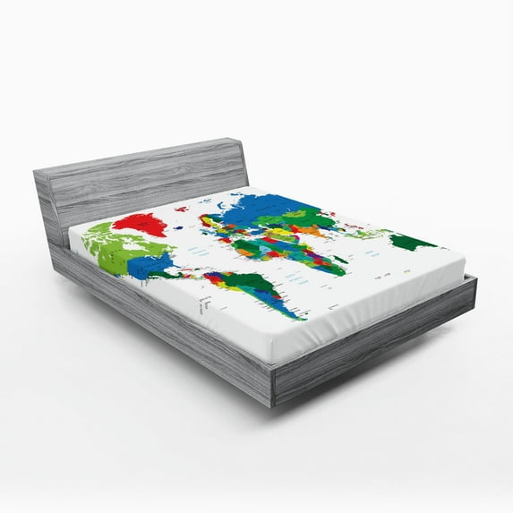 Ambesonne World Map Fitted Sheet 2 Pcs Set, Colorful Political, California King, Multicolor