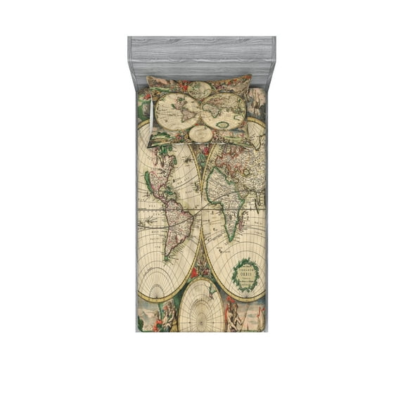 Ambesonne World Map Fitted Sheet & Pillow Sham Set, Antique Vintage Art, Twinxl, Multicolor