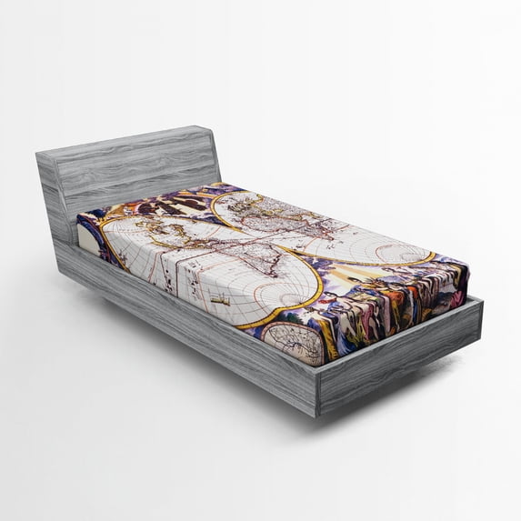 Ambesonne World Map Fitted Sheet, Sun Sky Birds Clouds, Twin XL Size, Multicolor